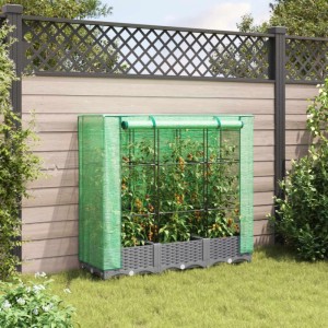 Hellgraues vidaXL Hochbeet mit Gewächshaus-Aufsatz im Garten. Rattan-Optik, 120x40x123 cm.
