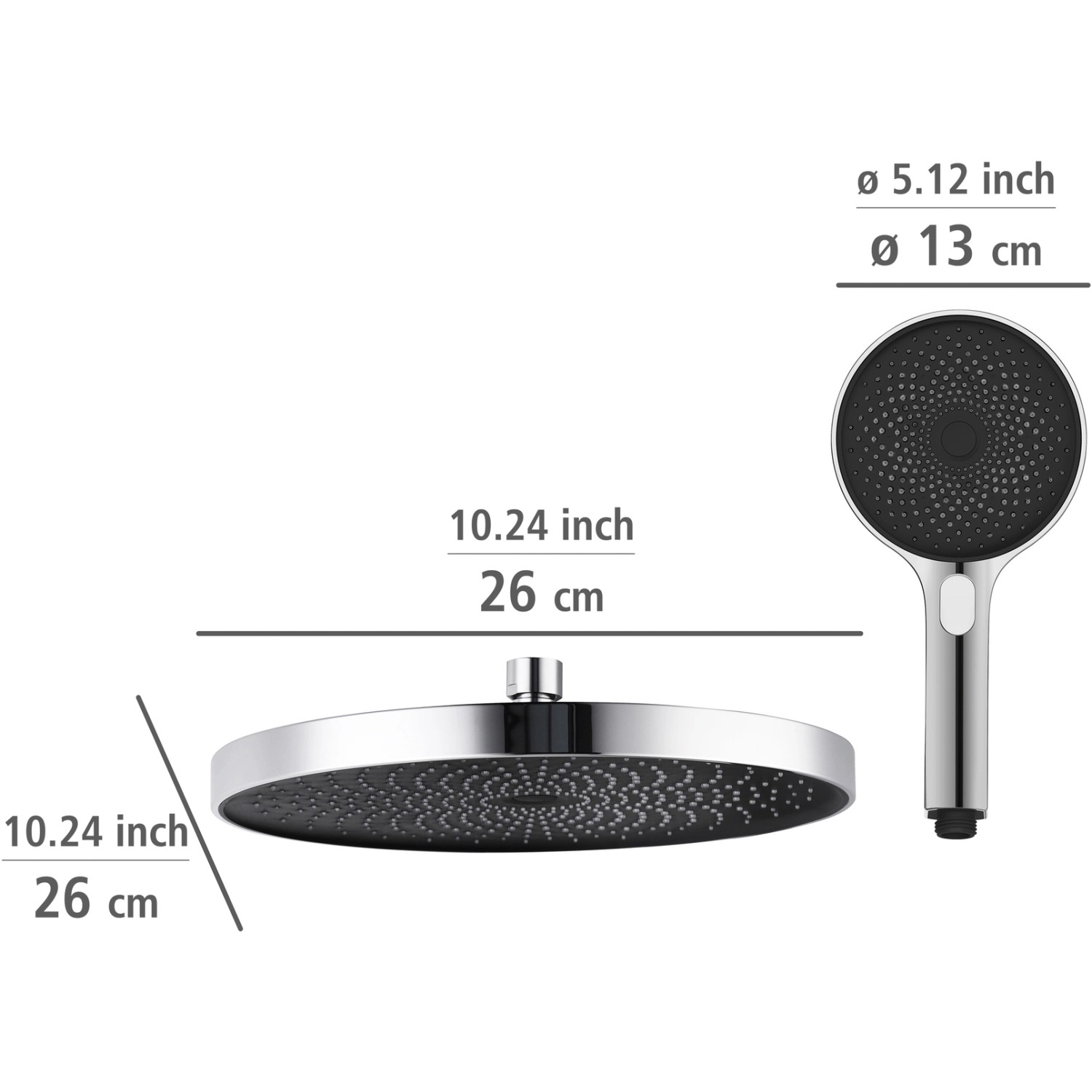 Wenko Duschsystem Softwater Chrom: Regendusche und Handbrause mit Maßangaben.