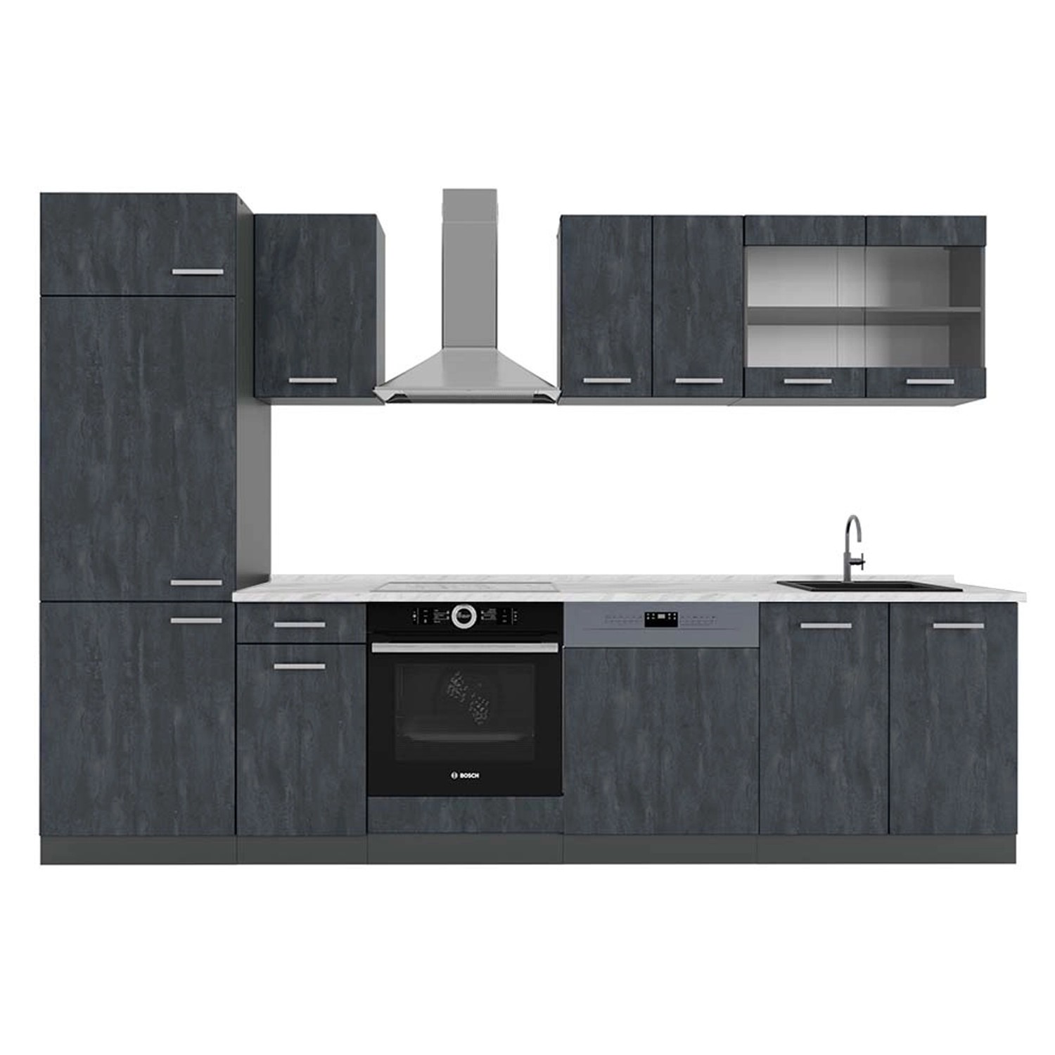 Vicco R-Line KomplettKüche Schwarz Beton/Anthrazit 300 cm AP Marmor günstig online kaufen
