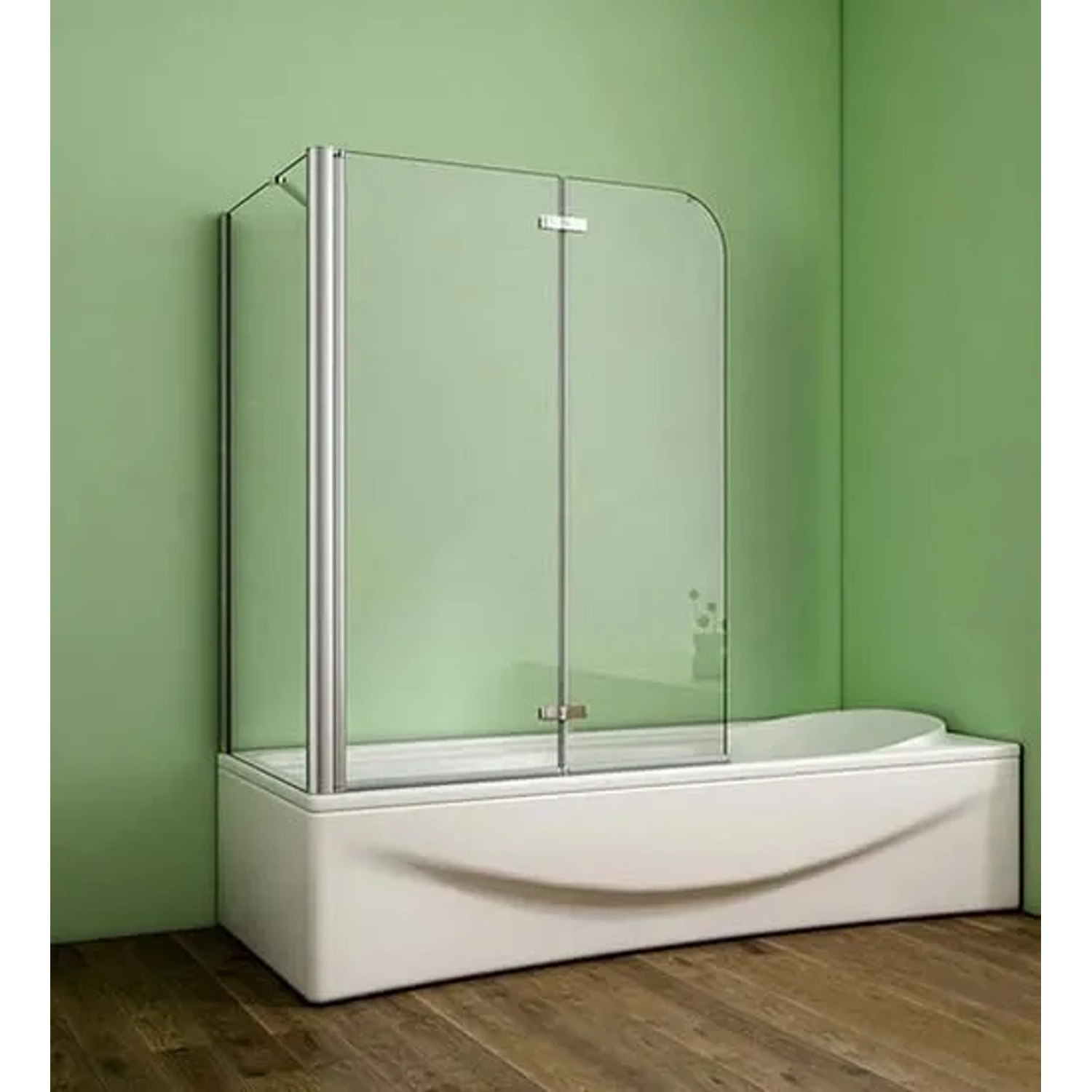 Badewannenaufsatz Faltwand 120x140cm mit 70cm Seitewand aus Klarglas auf Badewanne montiert.