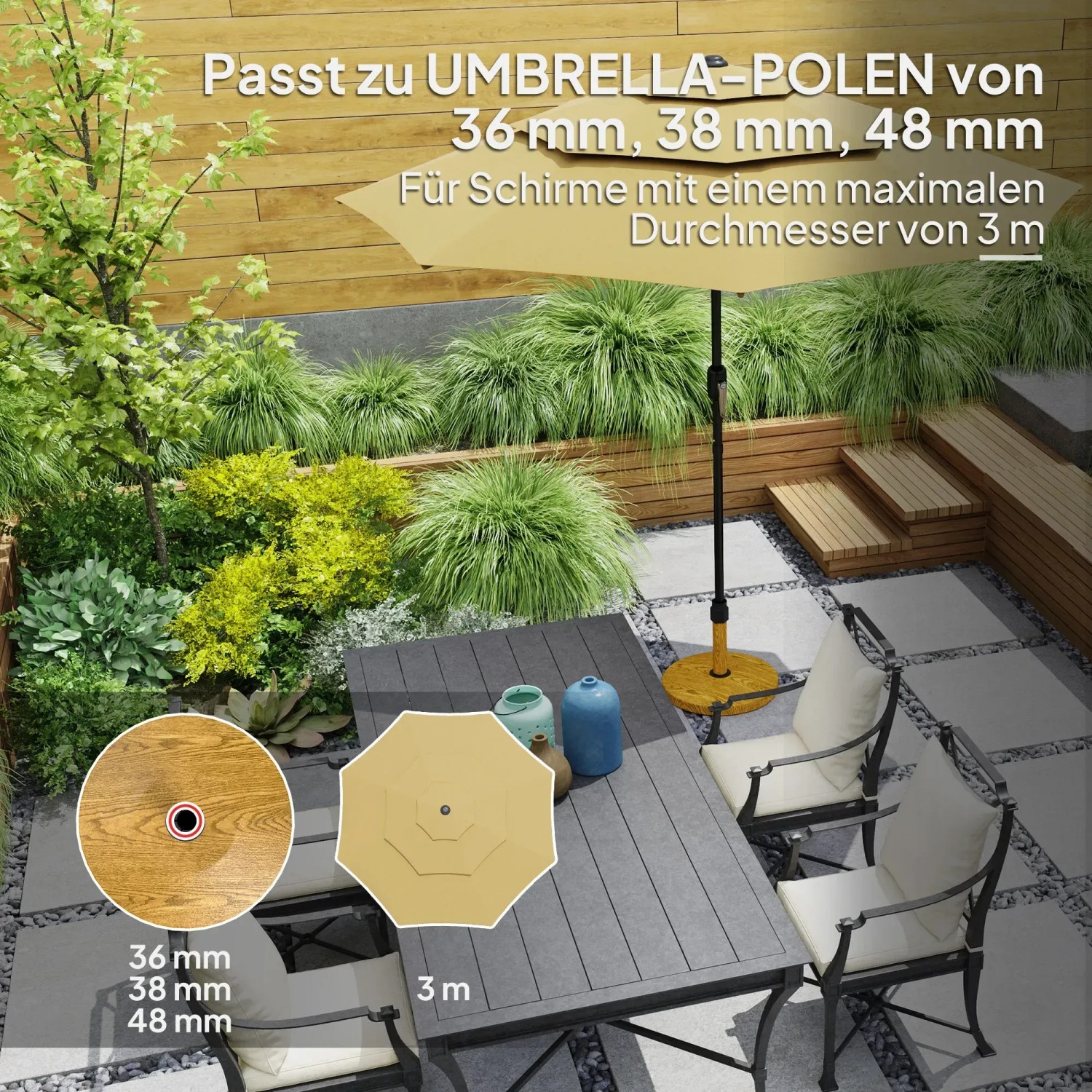 Outsunny Schirmständer aus Beton und Metall in Holzoptik, rund, 48x44cm, passend für Gartenschirme bis 3m.