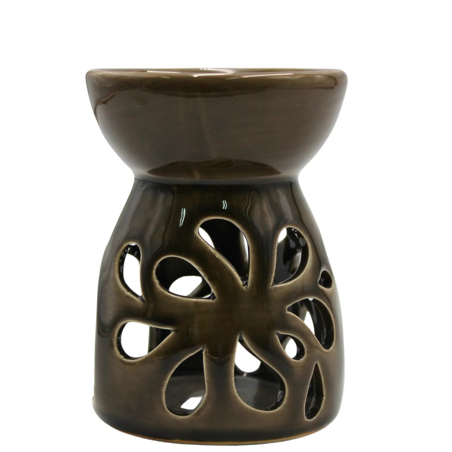 Braune Keramik Duftlampe mit elegantem, durchbrochenem Muster. Ideal als Aromalampe und Kerzenhalter für Teelichter.