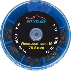 Westline Wirbelsortiment Gr. M, 75-teilig in blauer Sortierbox. Angelzubehör für verschiedene Tragkräfte.