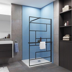 Schwarze AICA Walk In Duschwand 140x200cm mit Gitterdekor, Duschregal und Handtuchhalter.