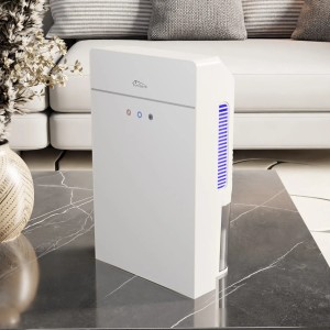 Weißer TroniTechnik Luftentfeuchter EF03 mit 2,2L Tank und Glasfront auf Tisch.