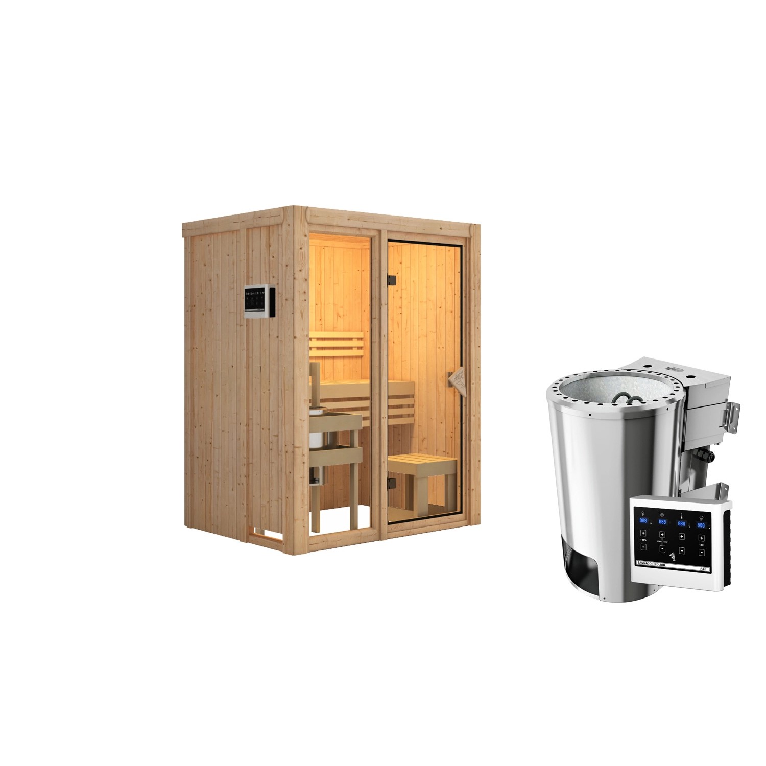 Karibu Sauna Sky 1 Naturbelassen mit Ofen 3,6 kW Bio ext. Steuerung