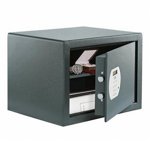 Burg Wächter Möbeltresor Pure-Safe PS 130 E, anthrazit, mit geöffneter Tür und Wertsachen im Inneren.