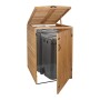 Offene, braune 2er-Mülltonnenbox aus Holz mit zwei grauen Mülltonnen. Mülltonnenverkleidung mit Deckel.