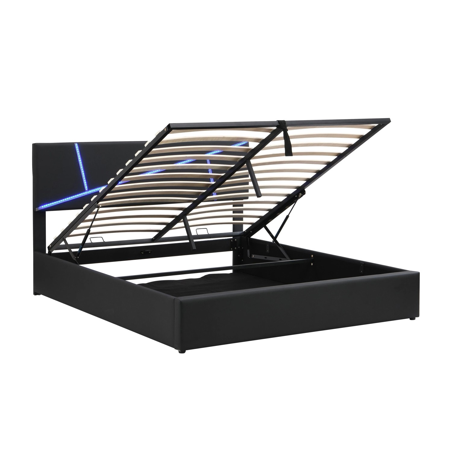 okwish Polsterbett 140x200cm mit LED Lichtleisten Kinderzimmer Schwarz ohne Matratze