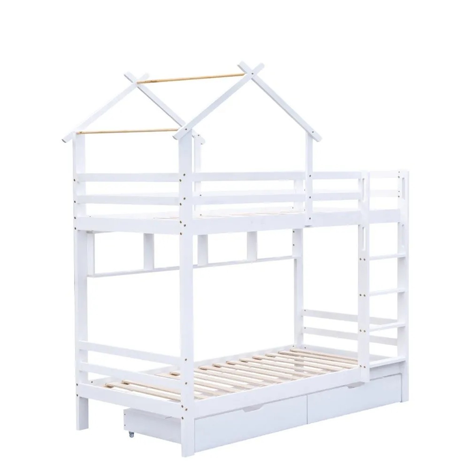 KOMHTOM Etagenbett 90x200Cm Mit Schubladen Und Regalen Hausbett Mit Leiter Kinderbett Mit Fallschutz Und Gitter Kiefer Weiß Ohne Matratze