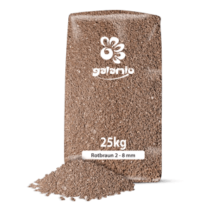 Galamio Lavamulch Rotbraun 2-8 mm im 25kg Sack, mit Granulat auf dunklem Grund. Ideal für Garten und Beet.