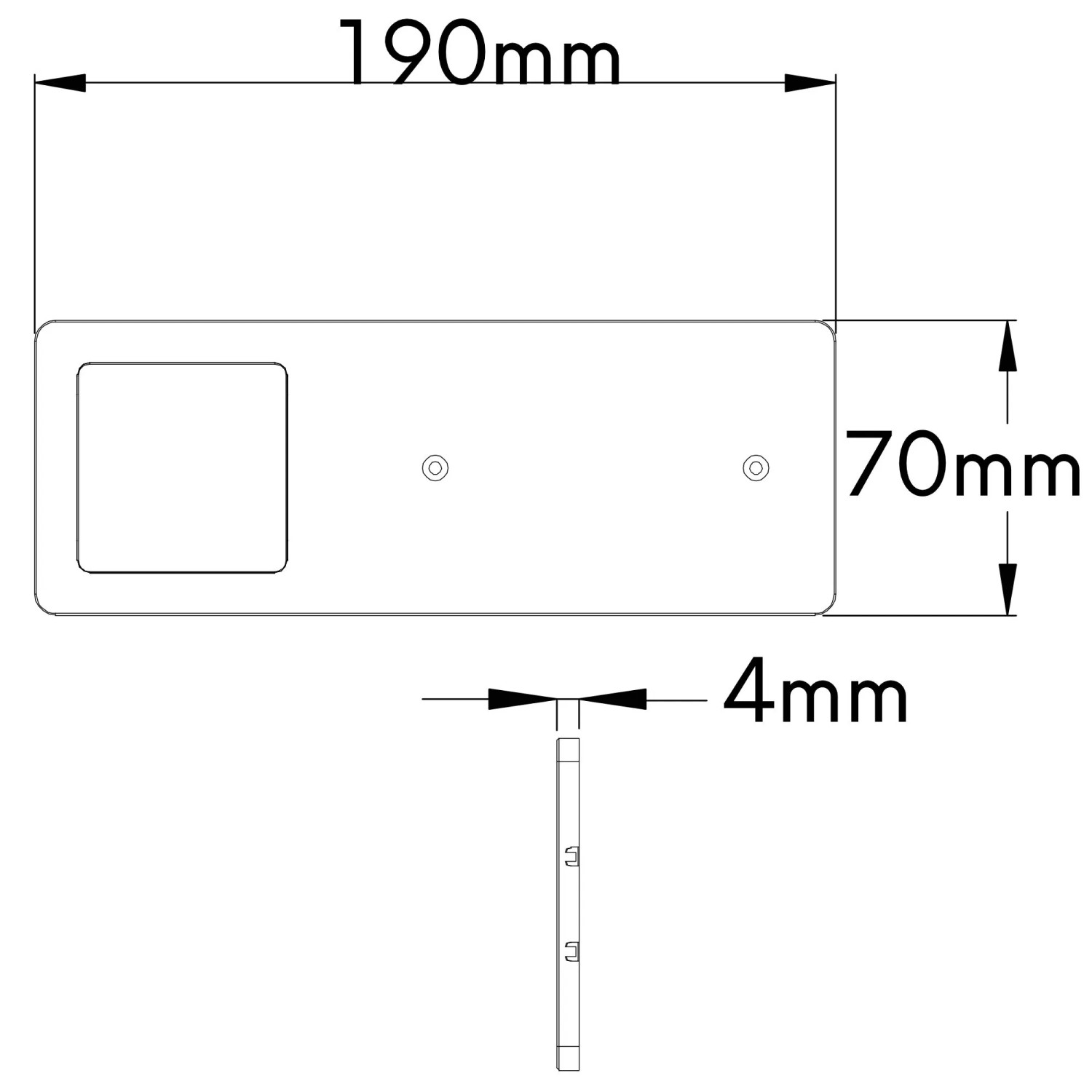 Technische Zeichnung der schwarzen LED Unterbauleuchte kalb, Maße: 190x70x4mm.