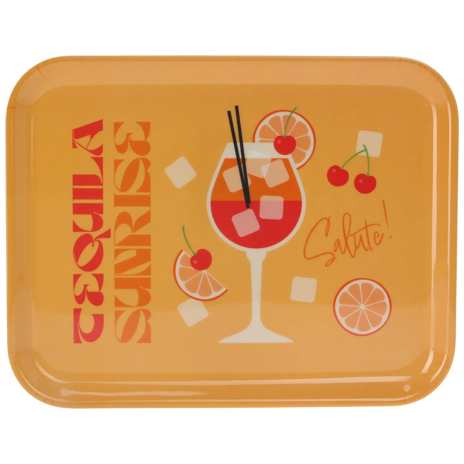 Serviertablett mit Cocktaildesign Tequila Sunrise, Melamin, 36,5x28,5cm. Geschirr für Partys.