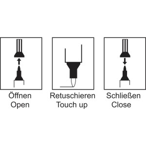Anleitung: Retuschierstift öffnen, Farbkorrektur auf Holzoberfläche auftragen, Stift schließen.
