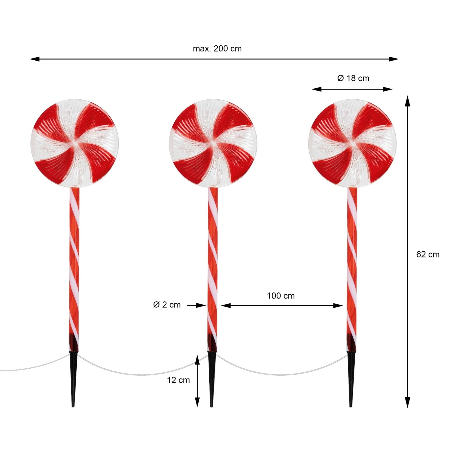3er Set LED Lollipop-Weihnachtsweg für außen, 60 LEDs, 3m, 8 Modi, rot-weiß gestreift.