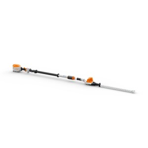 Stihl Akku-Heckenschneider HLA 86, orange-grau, mit langem Teleskopschaft und schwenkbarem Messerbalken.
