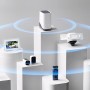 Eufy HomeBase S380 mit verschiedenen Eufy Überwachungsgeräten auf weißen Podesten.