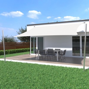 Cremeweißes Toldoro Sonnensegel Komplettset 5x5m mit Mast und Befestigung über einer Terrasse.