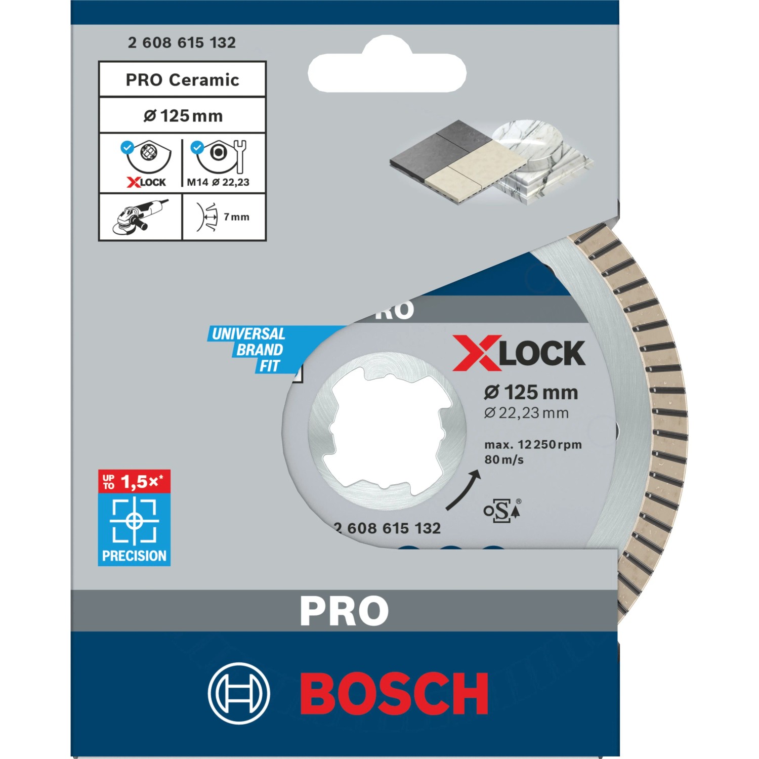 Bosch X-Lock Diamanttrennscheibe 125 mm in Verpackung. Metallische Scheibe für Winkelschleifer, Keramik, saubere Schnitte.