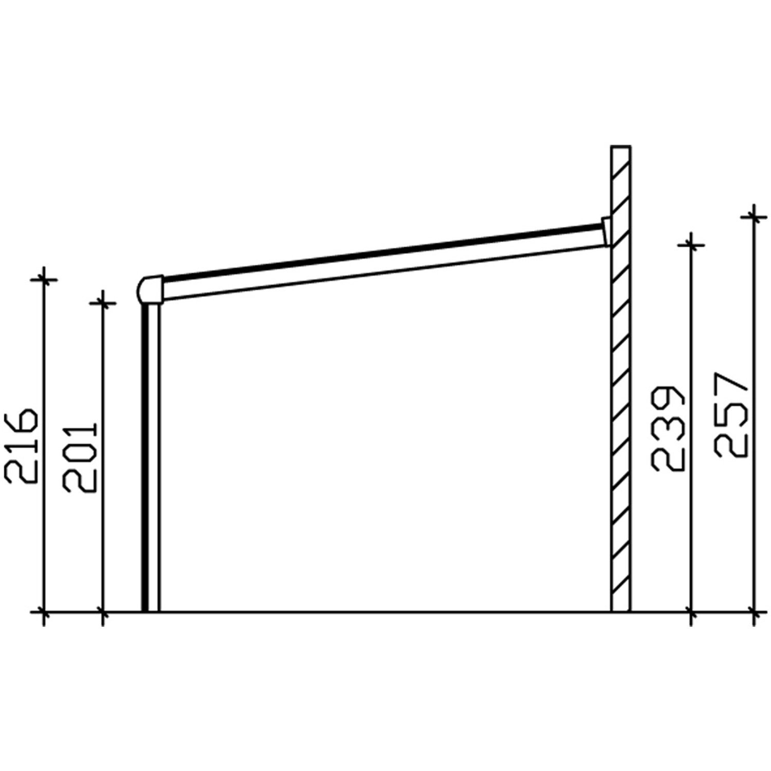 Skizze der Skan Holz Terrassenüberdachung Garda mit Maßangaben.