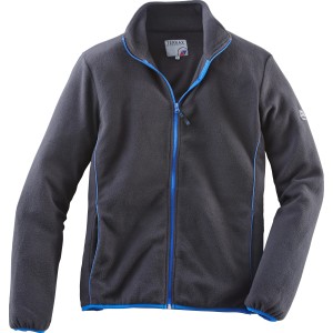 Schwarze Herren Fleecejacke mit blauem Reißverschluss und Details, Größe L, ideal für die Arbeit.