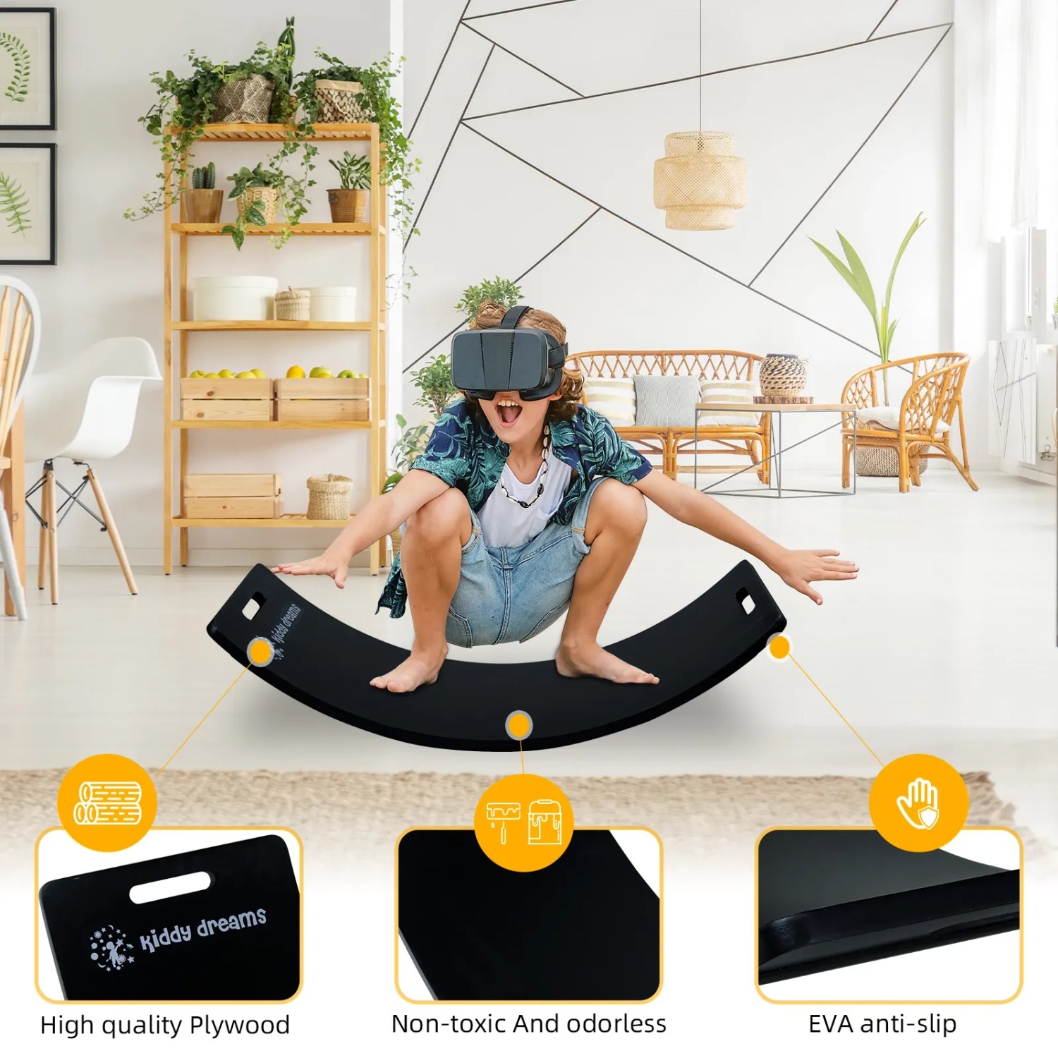 Kind mit VR-Brille auf schwarzem CCLIFE Balance Board (85x30cm) im Wohnzimmer. Montessori Spielzeug.