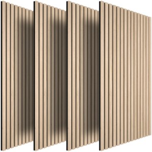Vier Akustikpaneele Sonic Wall IV in heller Eiche Holzoptik mit vertikalen Lamellen. Schallabsorbierendes 4er Set Paneele.