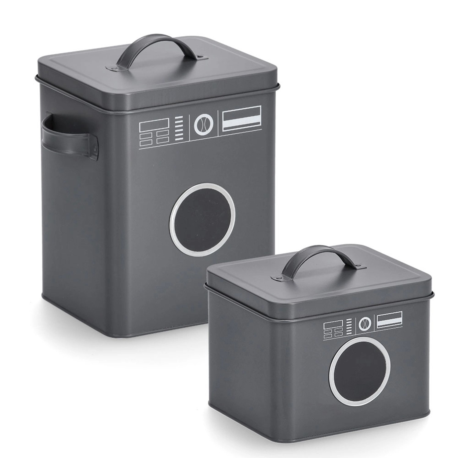 Zwei anthrazitfarbene Waschpulverboxen von Zeller Present im Waschmaschinen-Design.
