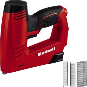 Einhell Elektrotacker TC-EN 20 E (rot/schwarz) mit Klammern und Nägeln.