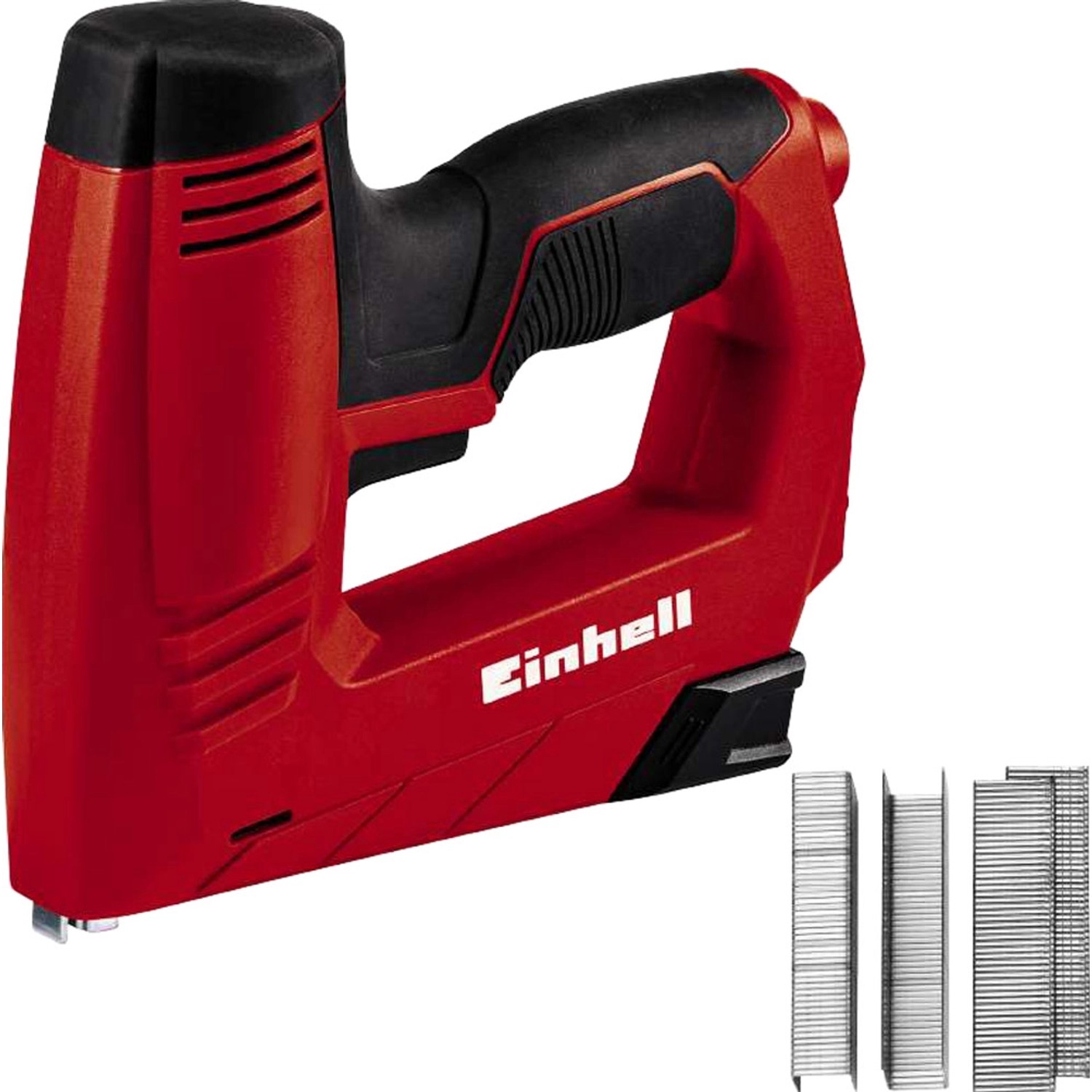Einhell Elektrotacker TC-EN 20 E (rot/schwarz) mit Klammern und Nägeln.