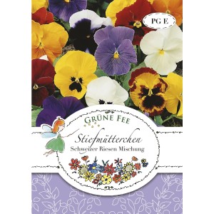 Grüne Fee Stiefmütterchen Schweizer Riesen Mischung Saatgut Packung mit bunten Blüten.