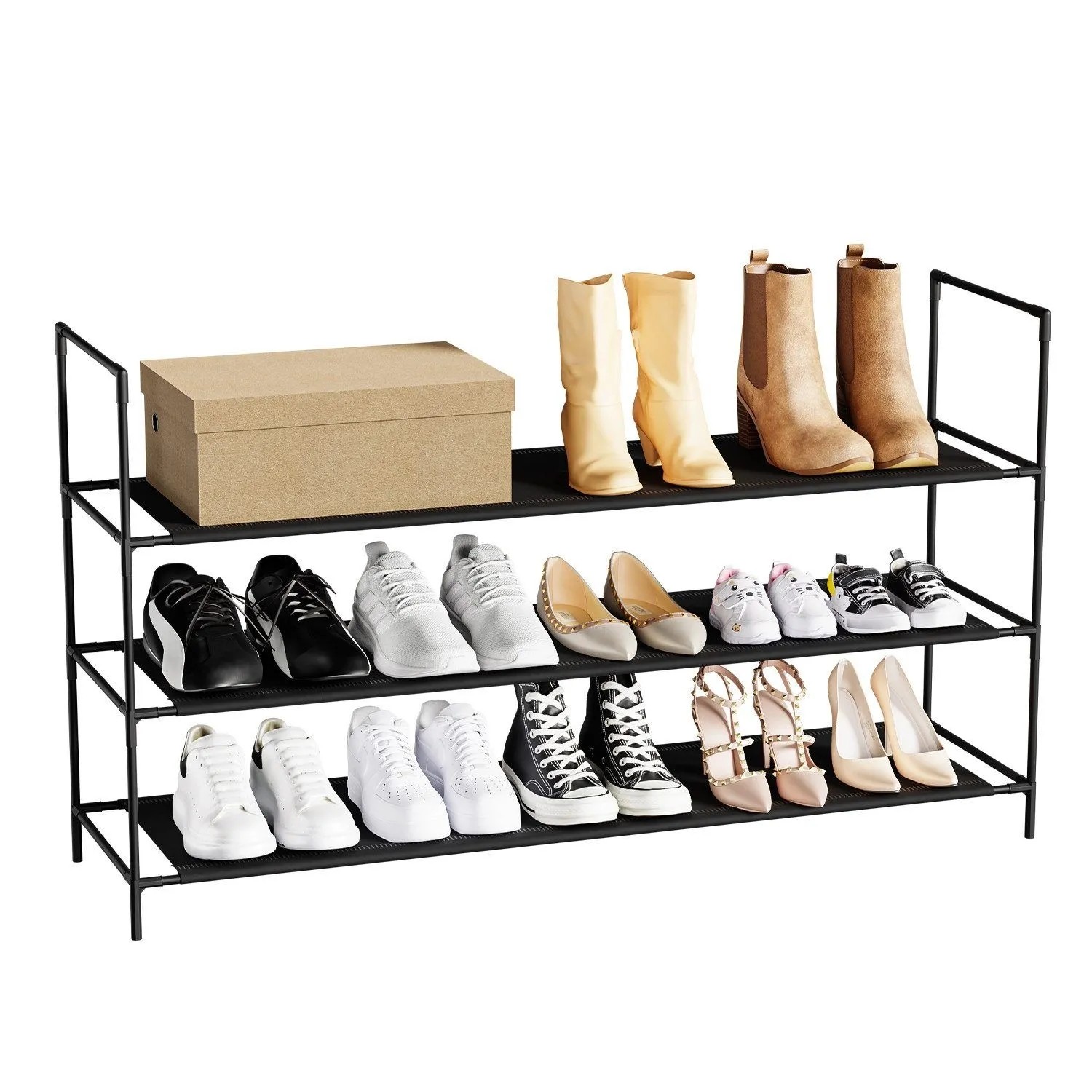 Schwarzes Sekey Schuhregal aus Metall mit 3 Vlies-Ebenen, extra breit für 12-20 Paar Schuhe. Stapelbar & platzsparend.