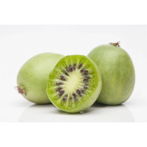 Drei grüne Mini-Kiwis, eine angeschnitten, zeigt das Fruchtfleisch. Actinidia Arguta Weiki als Kletterpflanze.