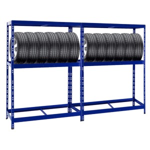PROREGAL Mega Deal: 2 blaue Reifenregale mit Fachboden, je 12 Reifen, 180x130x50 cm.