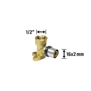 Messing Press-Wandwinkel 16x2mm auf Rp 1/2 Zoll für Mehrschichtverbundrohre. Goldfarbenes Fitting mit Wandbefestigung.