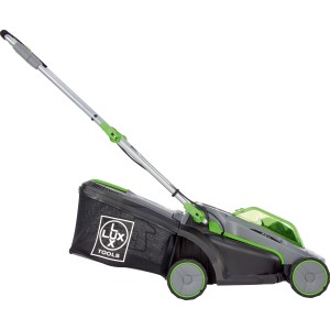 LUX-TOOLS Akku-Rasenmäher mit Fangkorb, 20 V, ideal für kleine Gärten.