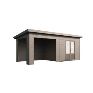 Finnhaus Wolff WPC Gerätehaus Tona 6024 28 in Anthrazit mit Doppeltür und überdachtem Bereich.