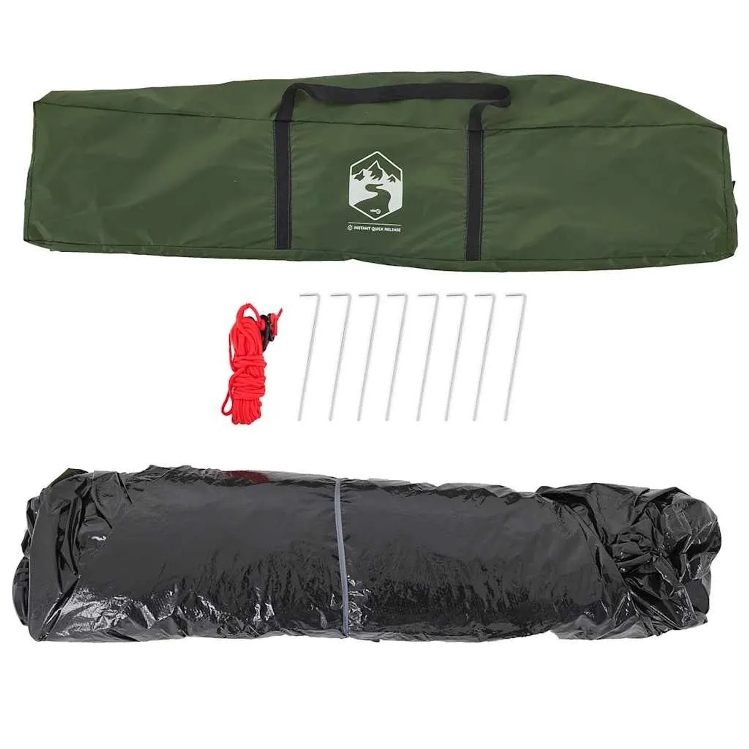 Furnicato Campingzelt-Set: grüne Tragetasche, verpacktes Kuppelzelt, rote Seile, silberne Heringe für Camping.