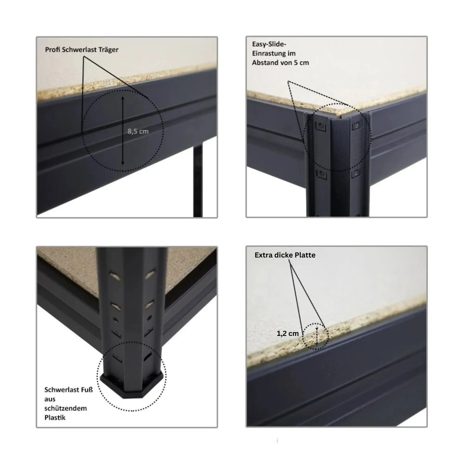 Detailansichten der PROREGAL Werkbank Dino: Schwerlastträger, Easy-Slide-System, extra dicke Platte, Kunststofffüße.