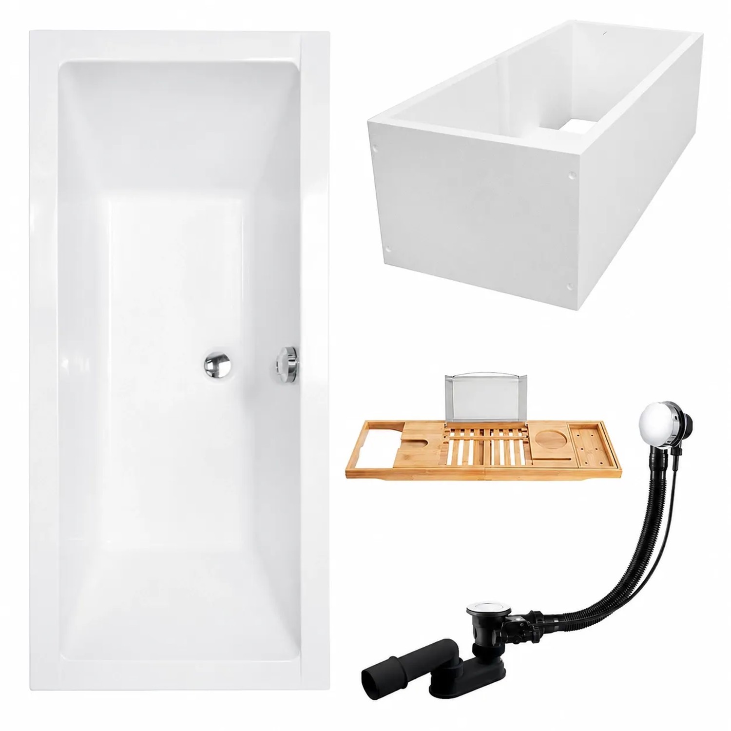 KOLMAN Badewanne Rechteck 180 x 80 Cm Mit Wannenträger Mit Bambus Badewannenablage Inkl. Ablauf Und Füße