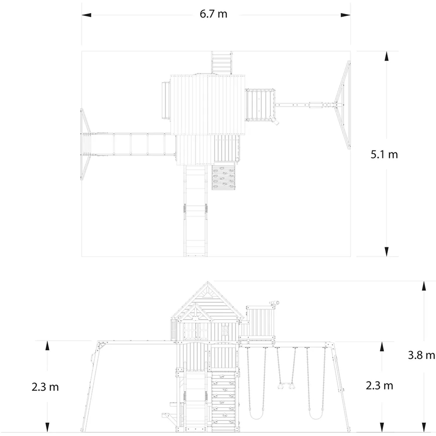 Skizze des Backyard Discovery Skyfort II Spielturms mit Maßen für Planung.