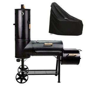 Schwarzer Taino Chief 130kg Smoker Holzkohle-Grill mit horizontaler und vertikaler Räucherkammer, Rädern und Abdeckhaube.