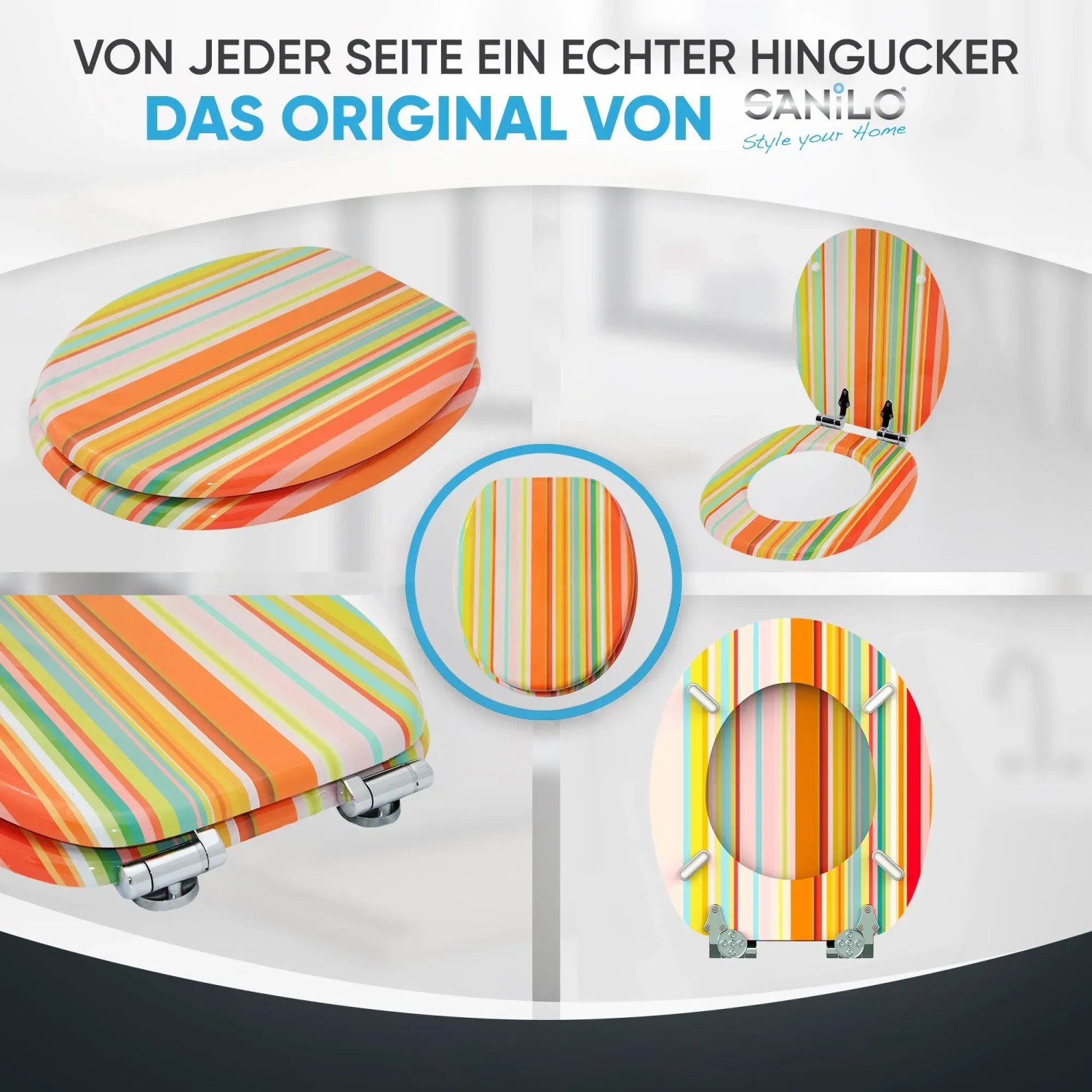 Sanilo WC-Sitz Starstripes aus Holz mit Absenkautomatik, gestreift.