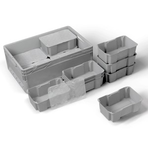Graue Eurobox mit Einsatzkästen und Drehstapelfunktion, zur Aufbewahrung und Unterteilung.
