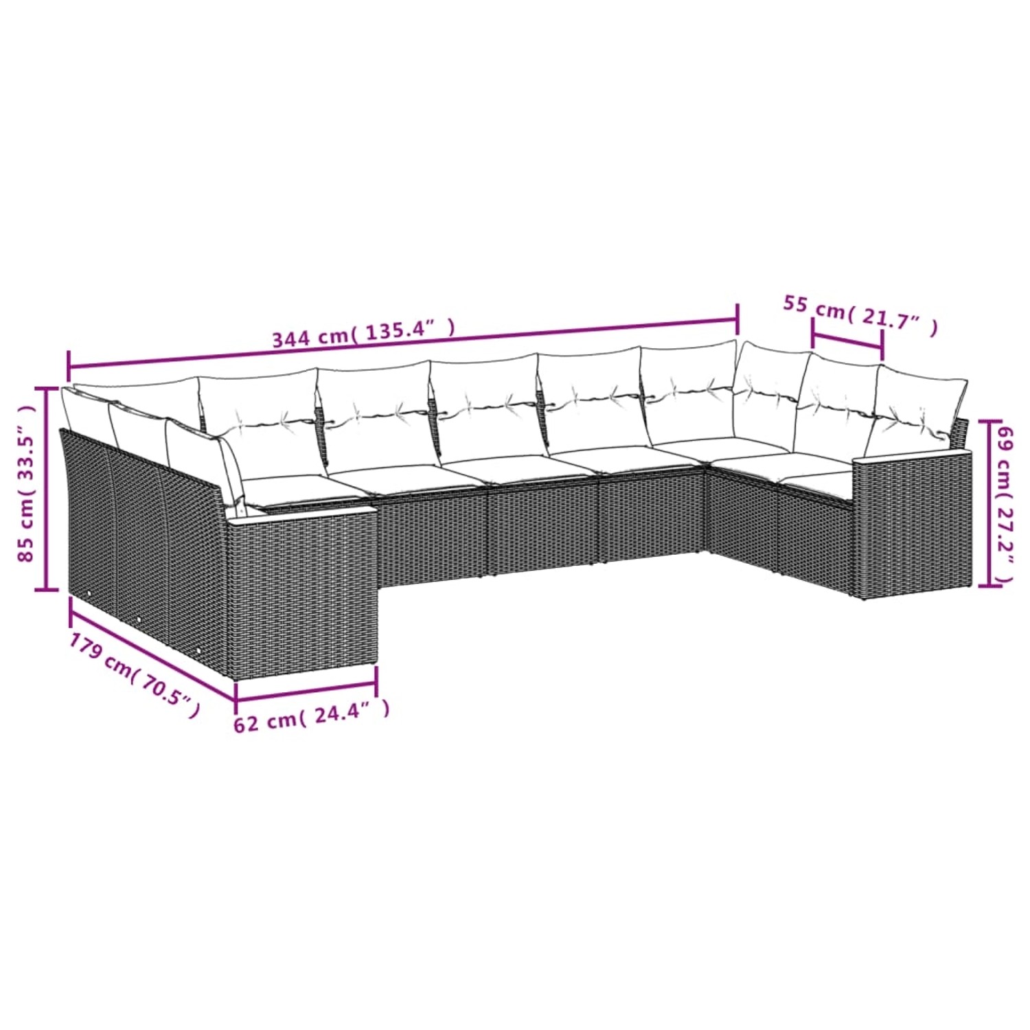 vidaXL 10-tlg. Garten-Sofagarnitur grau Poly Rattan mit Kissen, Maße eingezeichnet.