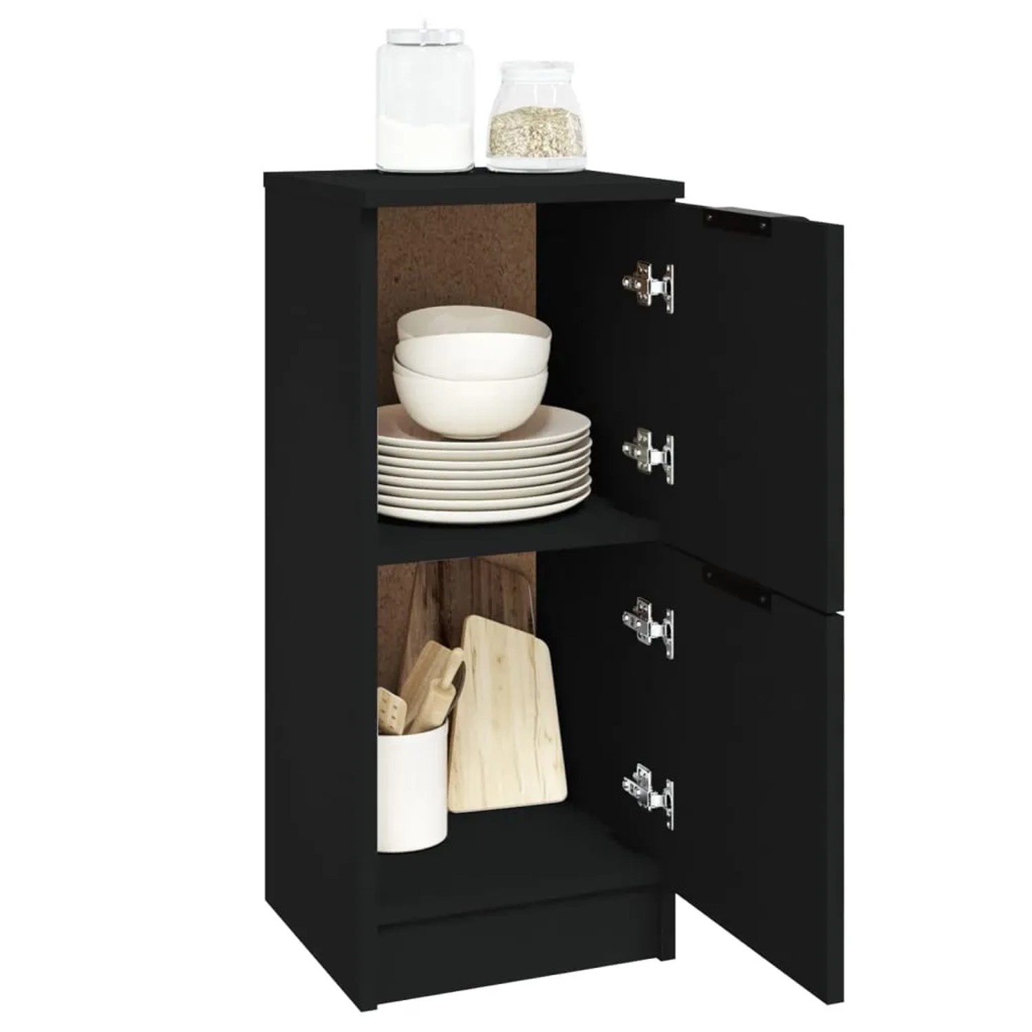 Schwarzes vidaXL Sideboard Set (2 Stk.) aus Holzwerkstoff, 30x30x70 cm, mit offener Tür und Geschirr.