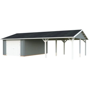 Palmako Garage Roger mit Holztor, grau-weiß lackiert, mit Carport-Anbau.