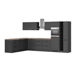 Graue Winkelküche Kempten 360 cm mit E-Geräten (Backofen, Kochfeld, Geschirrspüler, Dunstabzugshaube).