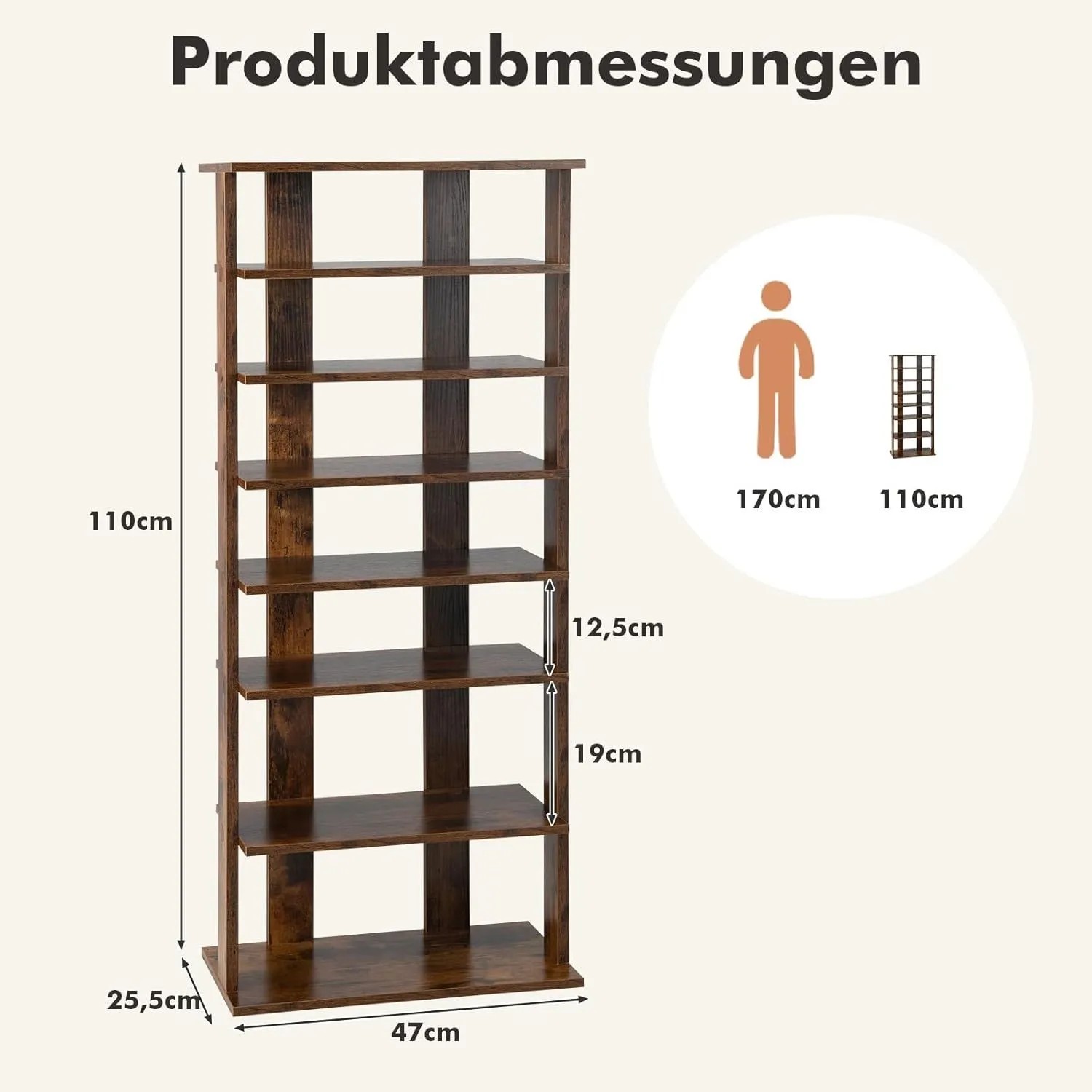 Costway Schuhregal mit 8 Stufen, höhenverstellbar, Holz, braun, doppelt. Abmessungen sind dargestellt.
