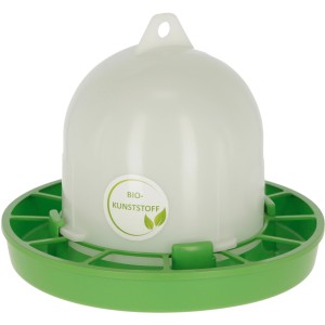 Bio-Futterautomat für Hühner, 2,5 kg, aus Bio-Kunststoff, weißer Behälter, grüne Schale.